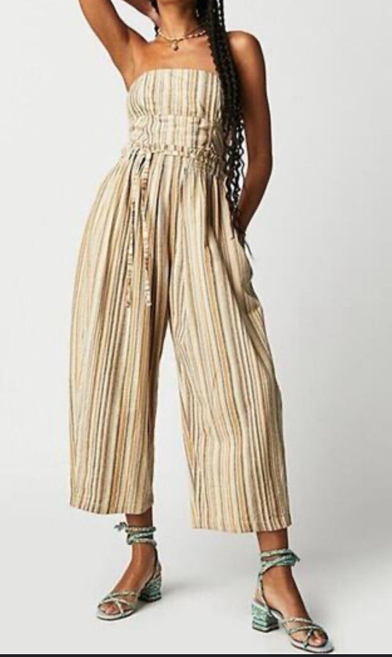 FREE PEOPLE Roaming Shores Strapless Cotton Jumpsuit Romper Striped Barrel S